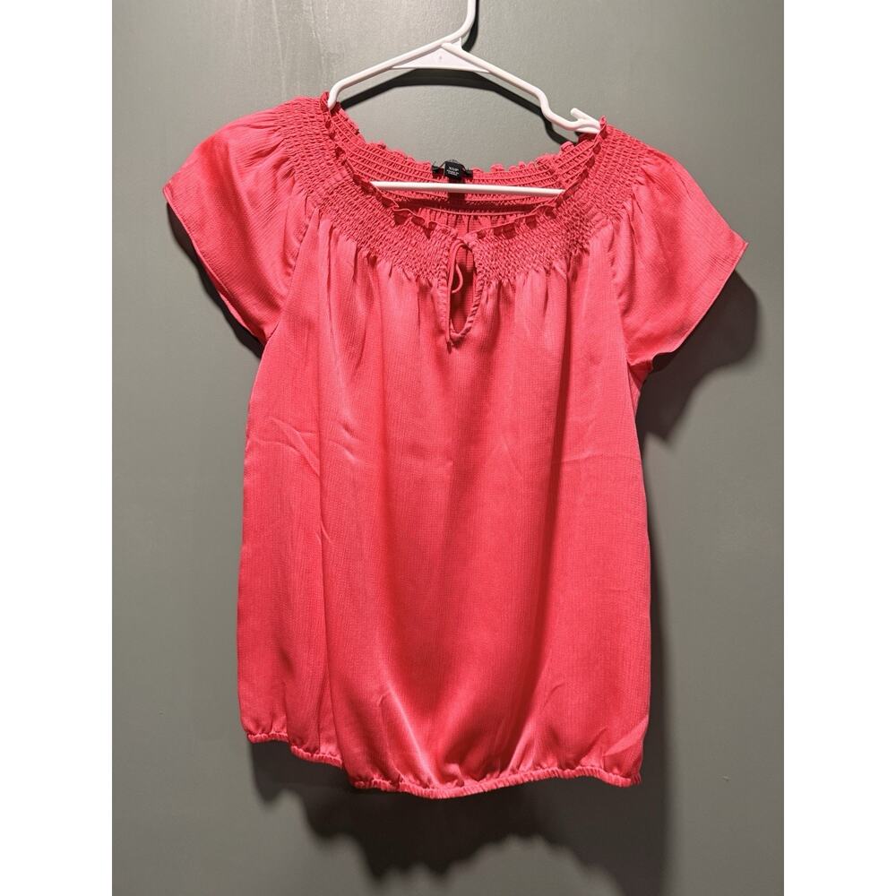 Ann Taylor Loft Smocked Coral Boho Blouse Top Stretch XS petite Excellent